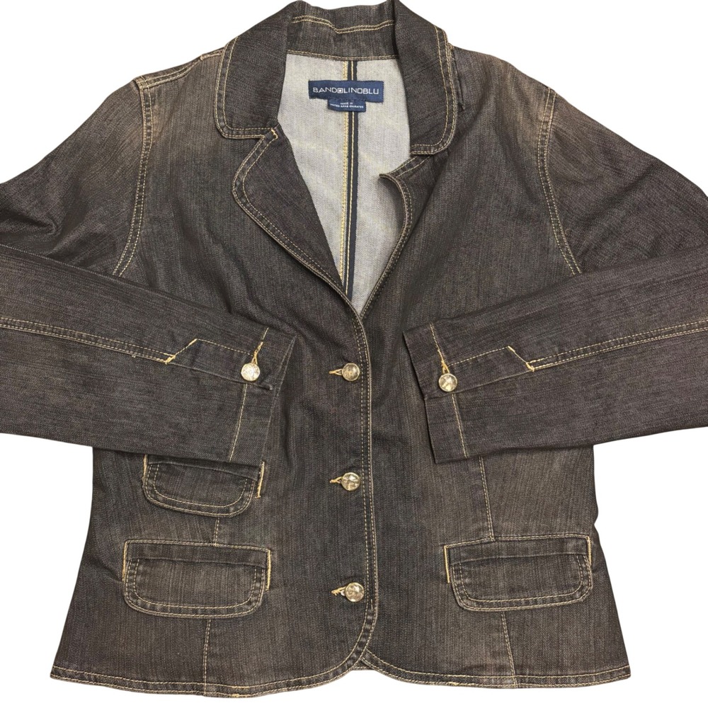 Bandolino Blu Denim Blazer Large Dark Wash Cotton Blend Peplum Back Jacket